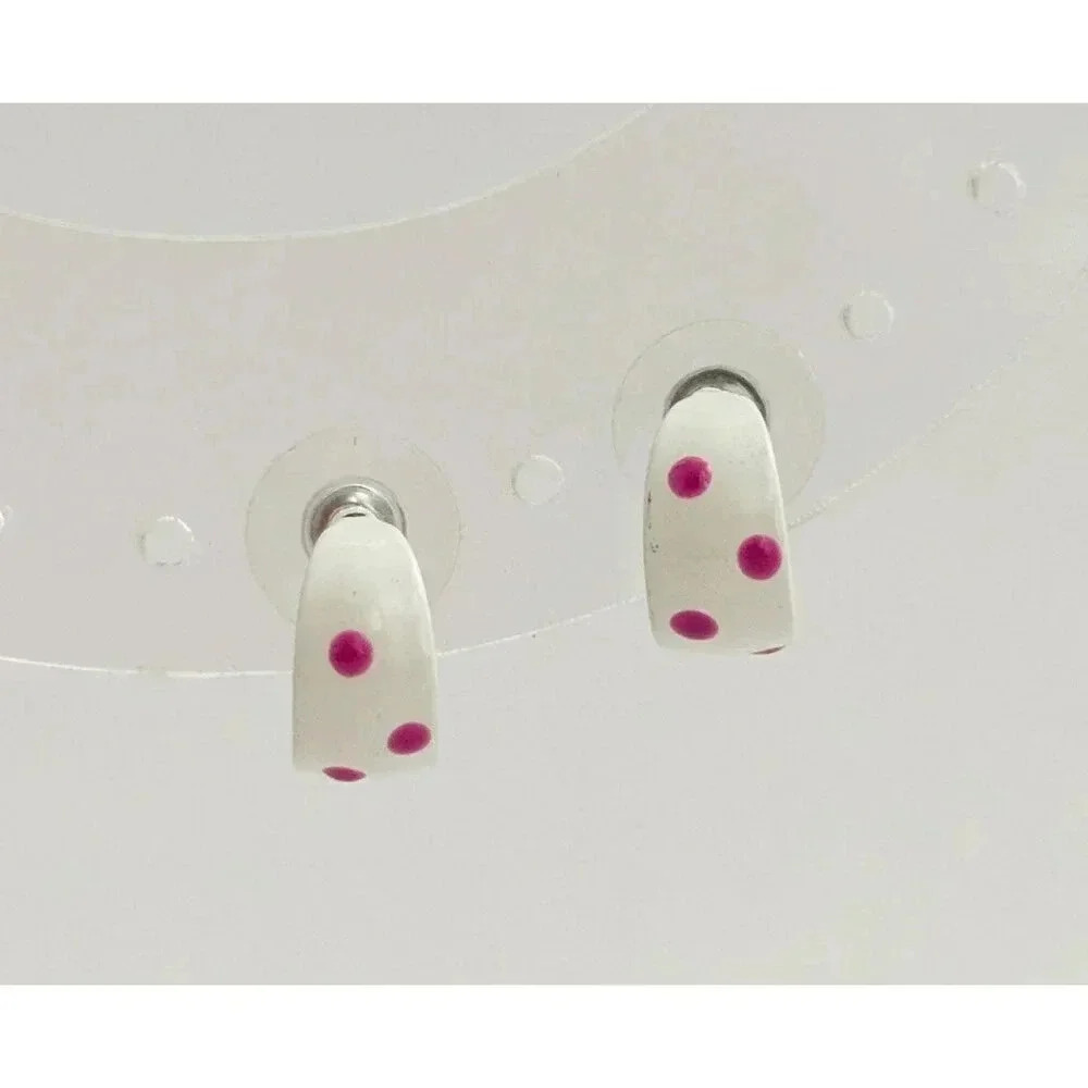 Vintage White Enamel & Pink Polka Dot Mini Dainty Open Hoops - Picture 5 of 5